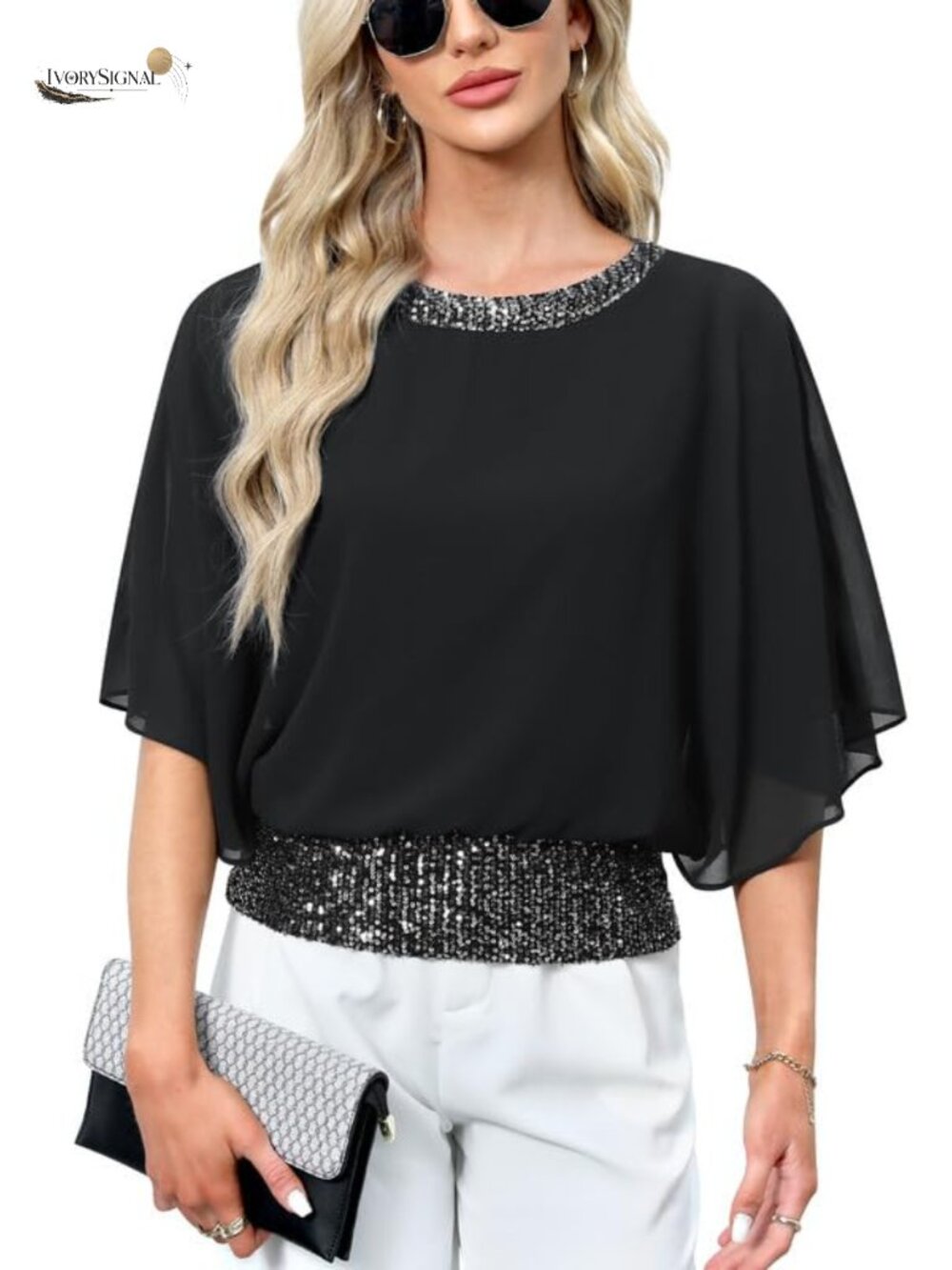 Sequin Formal Wedding Top Batwing Sleeve Chiffon Party Shirt